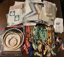 4+ Pound  Vtg  Embroidery Supplies Lot Floss Fabric Hoops Patterns Transfers picture