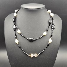 14K Gold Black Onyx Freshwater Pearl Strand Necklace 32