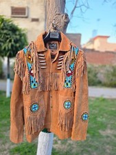 Men’s Western Suede Leather Fringe Jacket Beaded Cowboy Native Style Coat picture