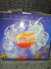 Fruitelea 27pc Clear Glass Fruit Pattern Punch Bowl Set w/ 8 Cups & Ladle picture