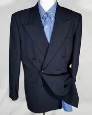 Vintage Cerruti 40L Navy Striped Twill Double Breasted Jacket Sport Coat Blazer picture