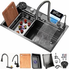 33x22 IN Flying Rain Stainless Steel Waterfall Kitchen Sink Digital Faucet Black picture