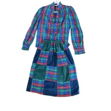 VTG 70’s Patchwork Plaid Christmas Midi Skirt Blouse Matching Set S preppy picture