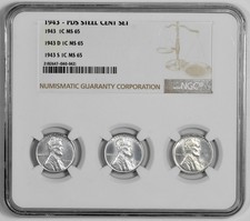 1943 P D S 1c Lincoln Steel Wheat Cent Set NGC Graded MS 65 Three Coin Holder picture