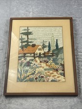 Antique 1920s Framed Crewel Embroidery Cottage among Flowers 18”x14.5” picture