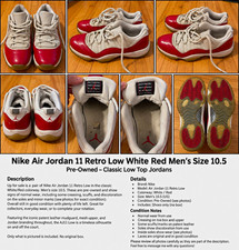 Nike Air Jordan 11 Retro Low Men’s Low Top Lace-Up Basketball Sneaker White/Red picture