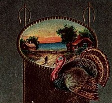 c1915 THANKSGIVING GREETINGS TURKEY PUMPKINS GRAIN FARM FRUIT POSTCARD 20-171 picture