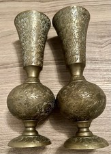 Antique Pair of hand-engraved brass Trumpet vases Goblets Floral Patina picture