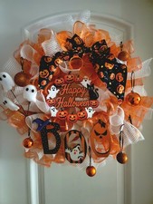 Fall Halloween Deco Mesh Wreath WOOD BOO SHATTERPROOF ORNAMENTS GHOSTS Handmade picture