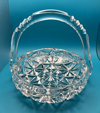 American Brilliant Period cut Glass, 7 in basket/handled nappy signed Hawks picture