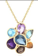 MULTI GEM 14KT YELLOW GOLD CLUSTER FLOWER FLOATING PENDANT NATURAL STONES picture
