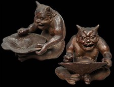 Antique Japanese Ko-Bizen Oni Incense Holder Lotus Leaf Edo Period w/ Box 11cm picture
