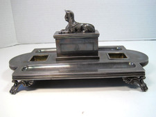 Mappin Webb's Egyptian Revival Silverplate Sphinx Double Inkwell Desk Inkstand picture