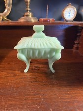 Vintage Jadeite Green Glass Covered Candy Dish Trinket Box Footed Scalloped Lid picture