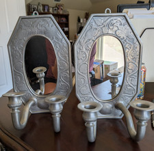 Vintage Pair West Germany Pewter Mirrored Wall Sconces Candle Holder Deco Style picture