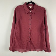 J Jill Button Up Shirt Size Large Burgundy Lightweight Crinkle Cotton picture