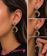 NWT Betsey Johnson Black Cat Crescent Moon Crystal Dangle Earrings Halloween picture