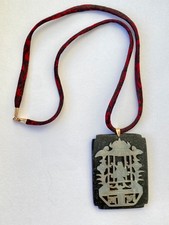 MINGS Necklace Hawaii Honolulu 14k gold Carved Jade Black Granite red silk cord picture