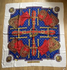 HERMES Selles a Housse Silk Scarf 90 Renonciat Red Blue Gold Vintage Carre  picture