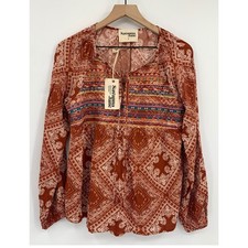 Savanna Jane Blouse Womens Small Rust Paisley Embroidered Boho Long Sleeve NEW picture