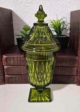 Vintage Indiana Glass Green Footed Lidded Candy Dish Diamond Point Pattern Mint picture