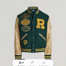 Polo Ralph Lauren Iconic Letterman Varsity Jacket Green/Beige M Wool Blend picture