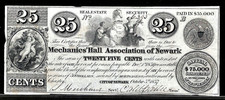 Oct 5, 1837 New Jersey Mechanics Hall Association Newark 25 Cents Obsolete Note picture