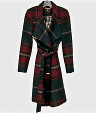 Ted Baker Women’s Plaid Belted Mid-Length Overcoat Burgundy Green Size S picture