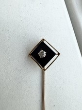 Antique Vintage 10k Yellow Gold Kite/Diamond Shaped Onyx .15ct Diamond Stick Pin picture