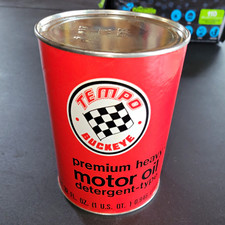 Vintage Tempo Buckeye Premium Heavy Duty Motor Oil Can SAE 20 Red 1 Quart Full picture