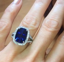 4.18 Ct Cushion Cut Blue Sapphire Diamond Wedding Ring 14K Solid White Gold picture