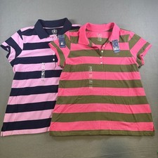 Lot of 2 IZOD Womens Polo Shirts XL NWT Striped Cotton Pique Pink Navy Green picture