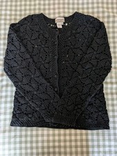 Coldwater Creek Crochet Cardigan Sweater Small Black Open Knit Cotton Ramie  picture