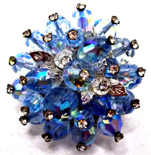 VENDOME SIGNED Vintage 60's Pale Blue AB Rhinestone Crystal Floral Brooch Pin picture