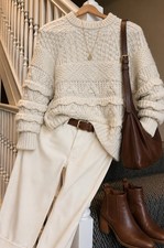 H&M Cream Cable Knit Ruffle Sweater Size M Cozy Chunky Scandanavian-style picture
