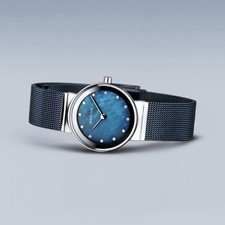 Bering Classic Ladies Silver & Blue MOP Milanese Mesh Sapphire Watch 10126-307 picture