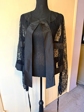 Thomas Wylde Black Floral Lace Sheer Silk Nylon Tie-Front Top Long Sleeve L picture
