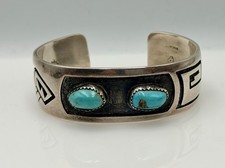Vintage Hopi Signed Native American Sterling Silver Blue Turquoise Cuff Bracelet picture