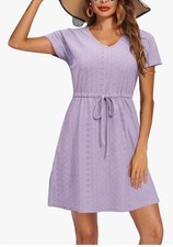Women’s Purple V-Neck Short Sleeve Drawstring Waist Knee-Length Beach Dress picture