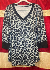 Women’s Leopard Print V-Neck Knit Pullover Sweater 3/4 Sleeve M Gray/Black picture