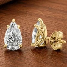 2Ct Pear Cut Lab-Created Diamond Solitaire Stud Earrings 14k Yellow Gold Plated picture