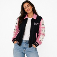 Vintage 90s I Love Lucy Genuine Leather Wool Varsity Jacket Pink Black Women's picture