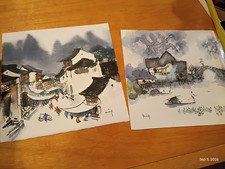 2 Signed Original Chinese Traditional INK COLORS Watercolors Painting Ooak MINI  picture