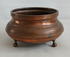 Antique Primitive Handmade Small Footed Copper Pot 3 Brass Feet Rare Unusual picture