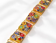 Vintage Millefiori Glass Bracelet, Venetian Murano Glass Mosaic Link Bracelet picture