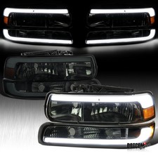 Fit 1999-2002 Chevy Silverado 1500 Tahoe Smoke LED Tube Headlights+Bumper Lamps picture