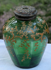 ANTIQUE GREEN GLASS GOLD ENAMELED TALC JAR DECORATIVE METAL LID DRESSER JAR 4