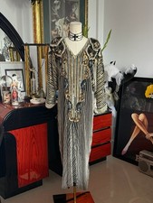 Vintage Fully Beaded Art Deco Evening Gown Black Gold Sequined Dress Size L picture