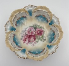 Antique RS Prussia Floral Molded Bowl 10½” Gold Trim Blue Panels picture