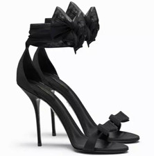 Dolce & Gabbana Black Textile Strappy Open Toe Bow Ankle Strap Heel 37.5 picture